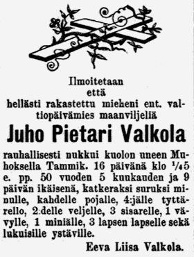 [Kuva: Valkolan kuolinilmoitus Kaiussa 18.1.1892.]