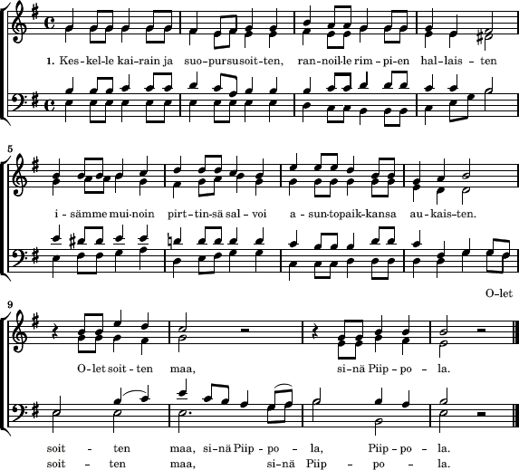 1. Keskelle kairain ja suopursusoitten, rannoille rimpien hallaisten isämme muinoin pirttinsä salvoi asuntopaikkansa aukaisten. Olet soitten maa, sinä Piippola.
